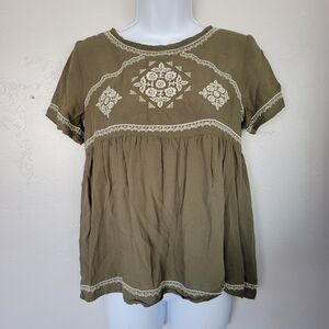 Brickyard Buffalo Small Olive Green Short Sleeve Blouse Cream Embroidery Boho